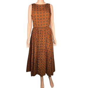 Vintage Saks Fifth Avenue The Kollection Batik Print Midi Dress Brown Yellow 12